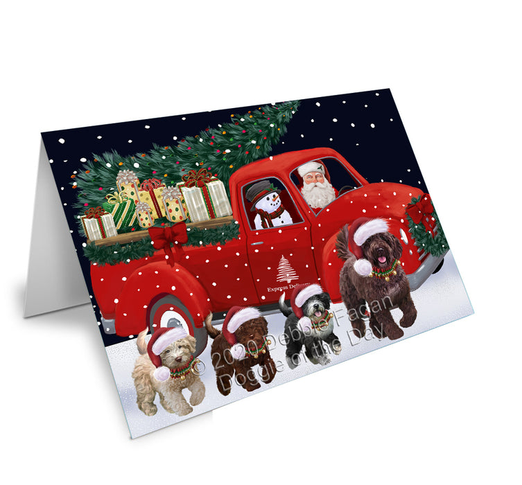 Christmas Express Delivery Red Truck Running Spanish Water Dogs Handmade Artwork Assorted Pets Greeting Cards and Note Cards with Envelopes for All Occasions and Holiday Seasons GCD75233