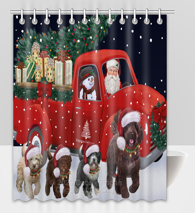 Christmas Express Delivery Red Truck Running Spanish Water Dogs Shower Curtain Bathroom Accessories Decor Bath Tub Screens