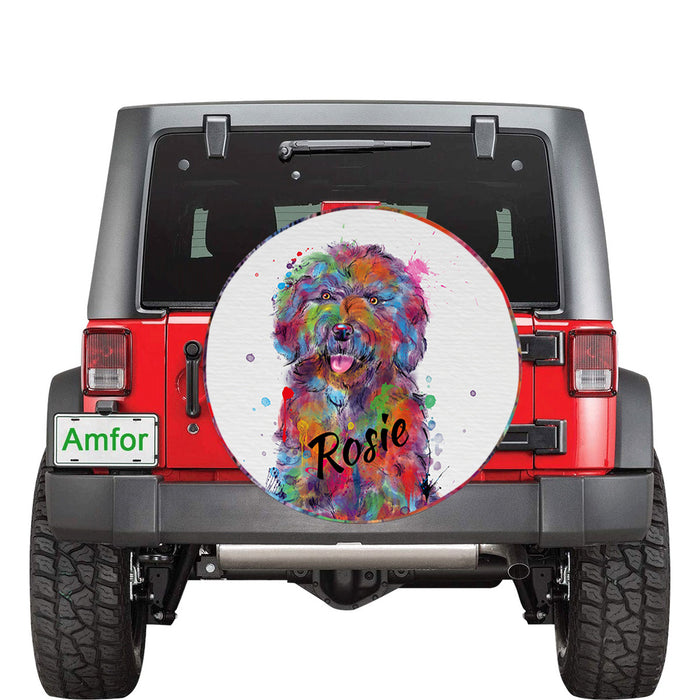 Custom Pet Name Personalized Watercolor Spanish Water Dog Car Tire Cover