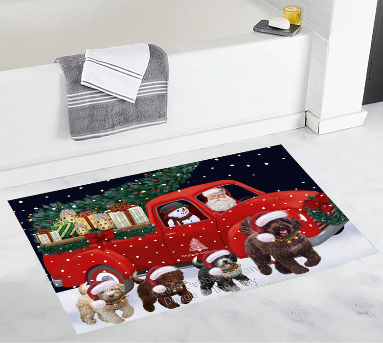 Christmas Express Delivery Red Truck Running Spanish Water Dogs Bath Mat BRUG53599