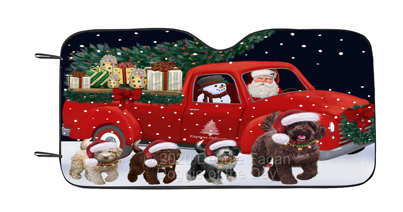 Christmas Express Delivery Red Truck Running Spanish Water Dog Car Sun Shade Cover Curtain