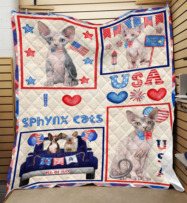 4th of July Independence Day I Love USA Sphynx Cats Quilt Bed Coverlet Bedspread - Pets Comforter Unique One-side Animal Printing - Soft Lightweight Durable Washable Polyester Quilt