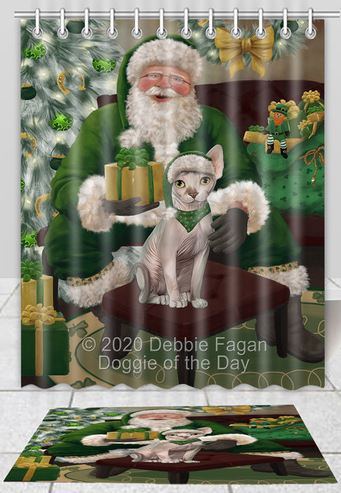 Christmas Irish Santa with Gift Sphynx Cat Bath Mat and Shower Curtain Combo
