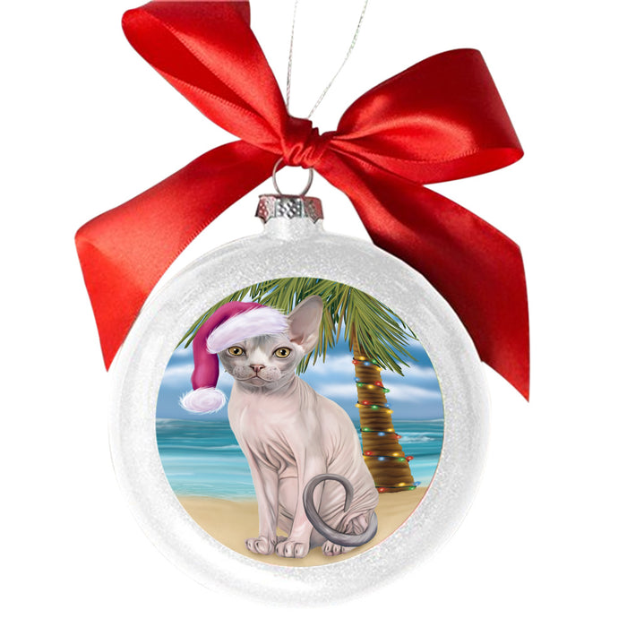 Summertime Happy Holidays Christmas Sphynx Cat on Tropical Island Beach White Round Ball Christmas Ornament WBSOR49394