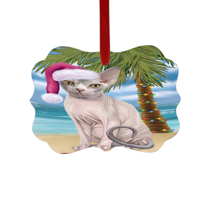 Summertime Happy Holidays Christmas Sphynx Cat on Tropical Island Beach Double-Sided Photo Benelux Christmas Ornament LOR49394