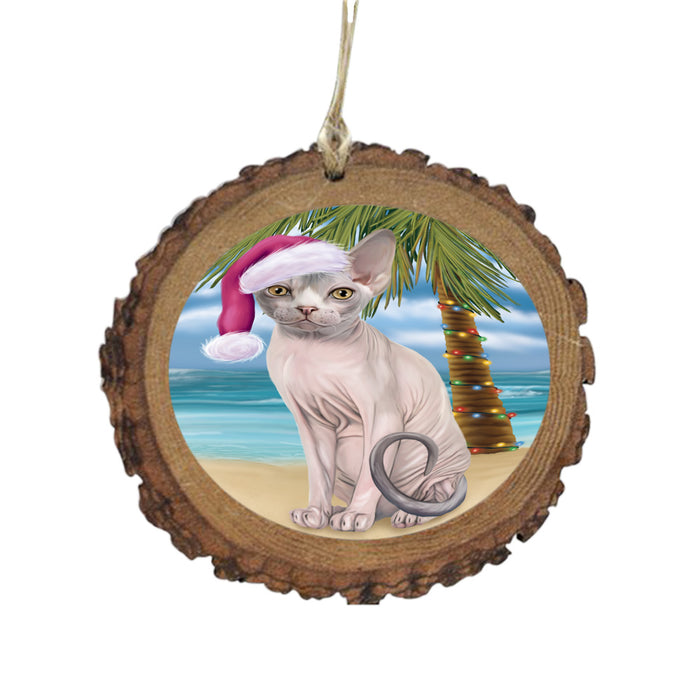 Summertime Happy Holidays Christmas Sphynx Cat on Tropical Island Beach Wooden Christmas Ornament WOR49394