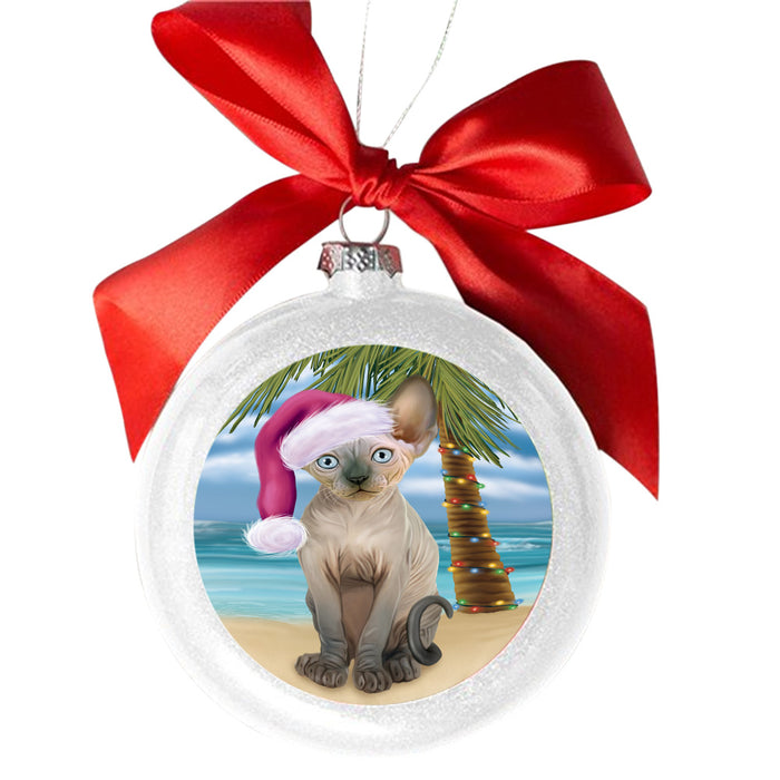 Summertime Happy Holidays Christmas Sphynx Cat on Tropical Island Beach White Round Ball Christmas Ornament WBSOR49398