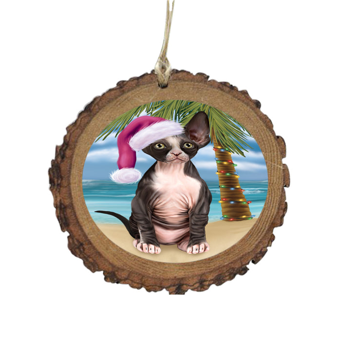 Summertime Happy Holidays Christmas Sphynx Cat on Tropical Island Beach Wooden Christmas Ornament WOR49395