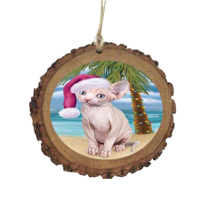 Summertime Happy Holidays Christmas Sphynx Cat on Tropical Island Beach Wooden Christmas Ornament WOR49396