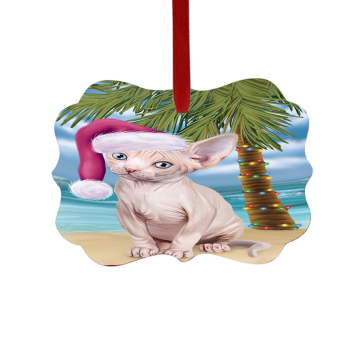 Summertime Happy Holidays Christmas Sphynx Cat on Tropical Island Beach Double-Sided Photo Benelux Christmas Ornament LOR49396