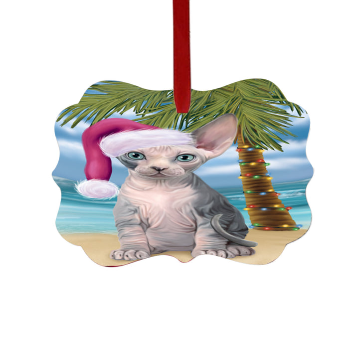 Summertime Happy Holidays Christmas Sphynx Cat on Tropical Island Beach Double-Sided Photo Benelux Christmas Ornament LOR49397