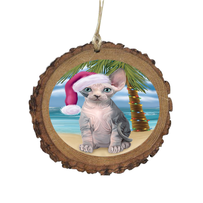 Summertime Happy Holidays Christmas Sphynx Cat on Tropical Island Beach Wooden Christmas Ornament WOR49397