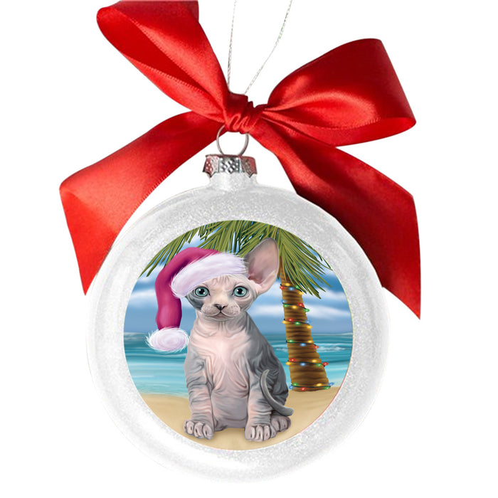Summertime Happy Holidays Christmas Sphynx Cat on Tropical Island Beach White Round Ball Christmas Ornament WBSOR49397