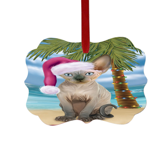 Summertime Happy Holidays Christmas Sphynx Cat on Tropical Island Beach Double-Sided Photo Benelux Christmas Ornament LOR49398