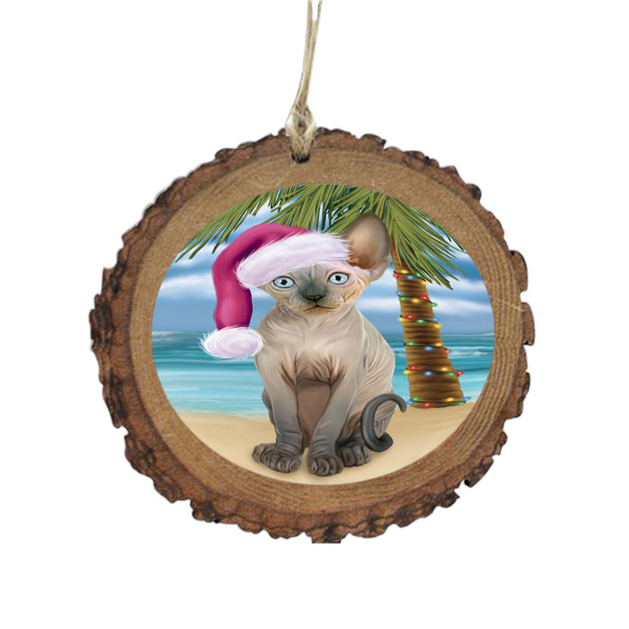 Summertime Happy Holidays Christmas Sphynx Cat on Tropical Island Beach Wooden Christmas Ornament WOR49398