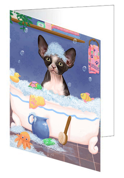 Rub A Dub Dog In A Tub Sphynx Cat Handmade Artwork Assorted Pets Greeting Cards and Note Cards with Envelopes for All Occasions and Holiday Seasons GCD79691