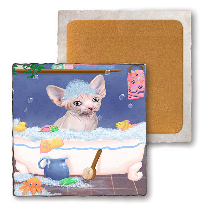 Rub A Dub Dog In A Tub Sphynx Cat Set of 4 Natural Stone Marble Tile Coasters MCST52460