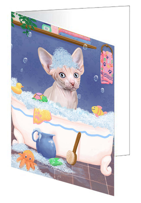 Rub A Dub Dog In A Tub Sphynx Cat Handmade Artwork Assorted Pets Greeting Cards and Note Cards with Envelopes for All Occasions and Holiday Seasons GCD79694