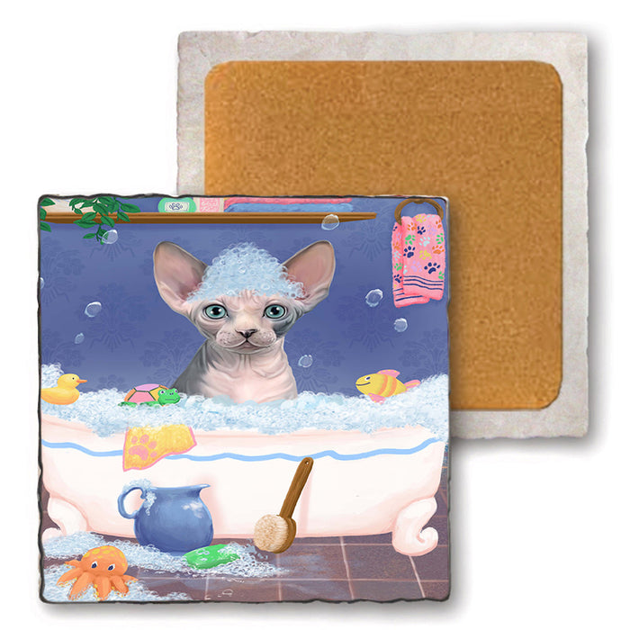 Rub A Dub Dog In A Tub Sphynx Cat Set of 4 Natural Stone Marble Tile Coasters MCST52461