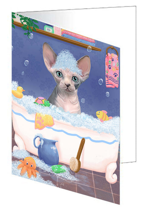 Rub A Dub Dog In A Tub Sphynx Cat Handmade Artwork Assorted Pets Greeting Cards and Note Cards with Envelopes for All Occasions and Holiday Seasons GCD79697