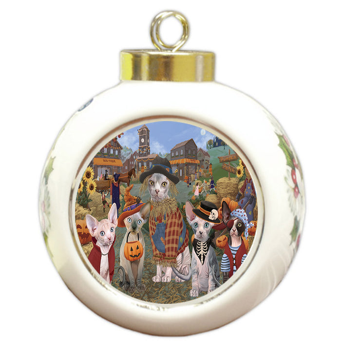 Halloween 'Round Town And Fall Pumpkin Scarecrow Both Sphynx Cats Round Ball Christmas Ornament RBPOR57612