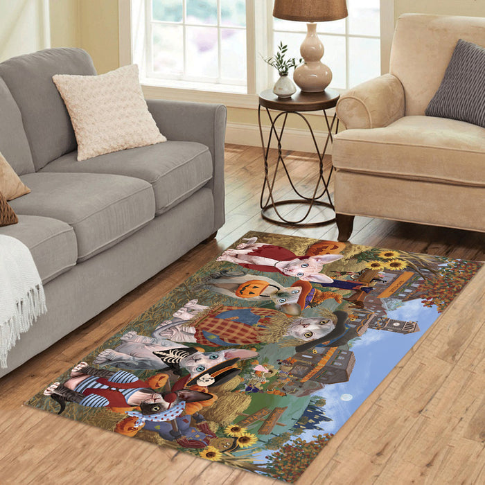 Halloween 'Round Town and Fall Pumpkin Scarecrow Both Sphynx Cats Area Rug