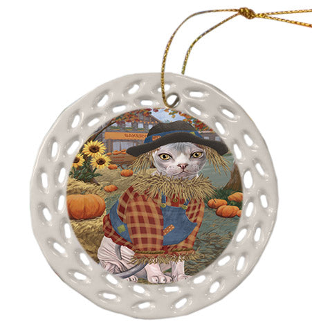Fall Pumpkin Scarecrow Sphynx Cats Ceramic Doily Ornament DPOR57769