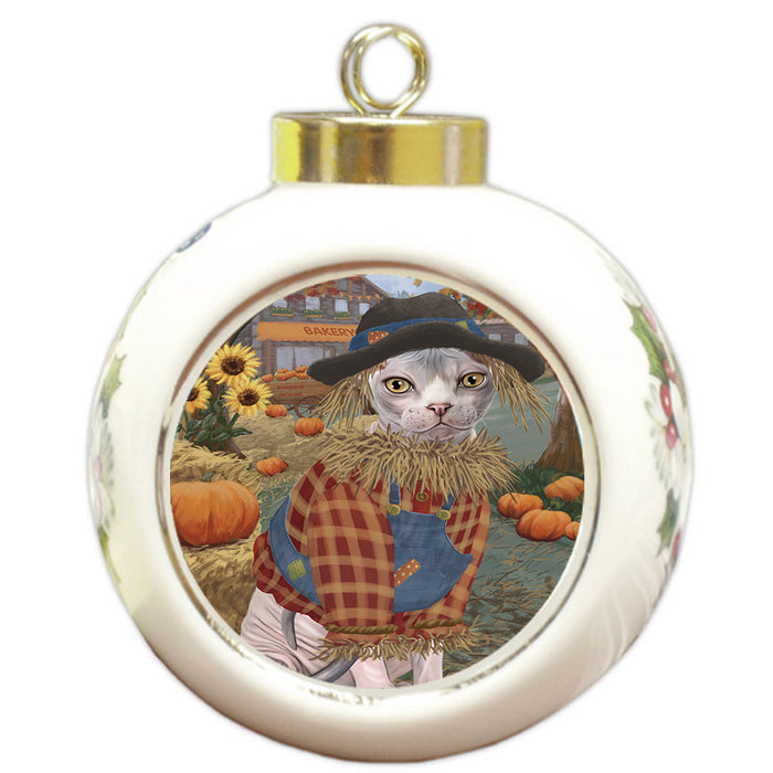 Halloween 'Round Town And Fall Pumpkin Scarecrow Both Sphynx Cat Round Ball Christmas Ornament RBPOR57673