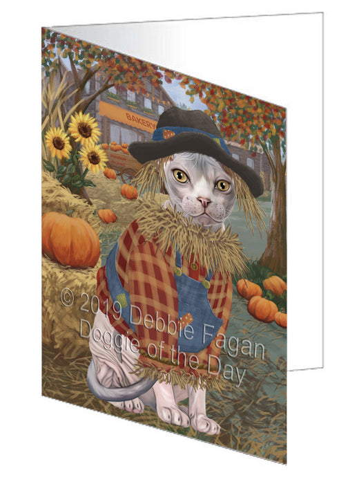 Fall Pumpkin Scarecrow Sphynx Cats Handmade Artwork Assorted Pets Greeting Cards and Note Cards with Envelopes for All Occasions and Holiday Seasons GCD78653
