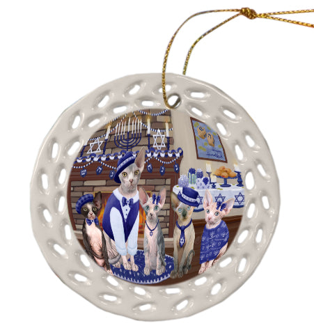 Happy Hanukkah Family Sphynx Cats Doily Ornament DPOR57923