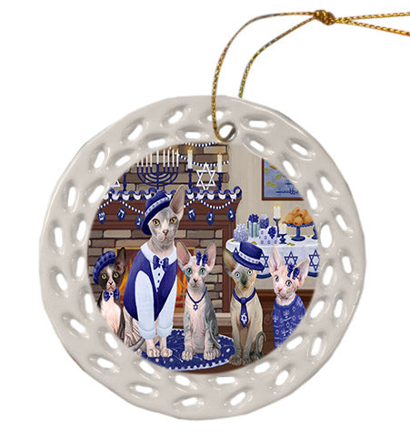 Happy Hanukkah Family Sphynx Cats Ceramic Doily Ornament DPOR57738