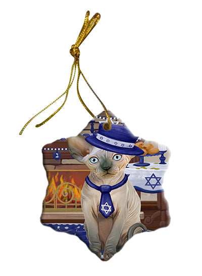 Happy Hanukkah Sphynx Cat Star Porcelain Ornament SPOR57799