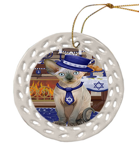 Happy Hanukkah Sphynx Cat Ceramic Doily Ornament DPOR57799
