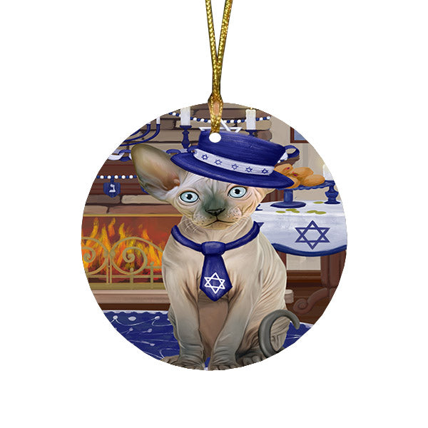 Happy Hanukkah Family and Happy Hanukkah Both Sphynx Cat Round Flat Christmas Ornament RFPOR57703