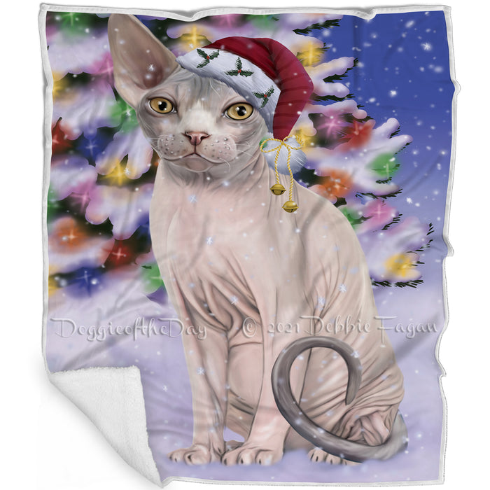 Winterland Wonderland Sphynx Cat In Christmas Holiday Scenic Background Blanket BLNKT101352