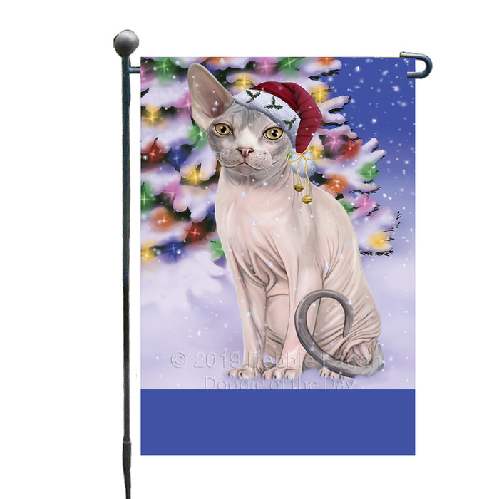 Personalized Winterland Wonderland Sphynx Cat In Christmas Holiday Scenic Background Custom Garden Flags GFLG-DOTD-A61408