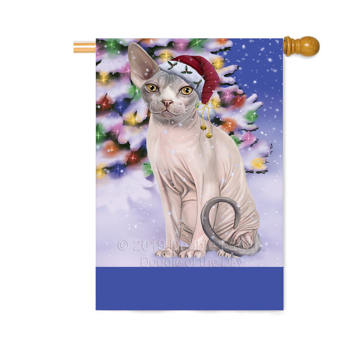 Personalized Winterland Wonderland Sphynx Cat In Christmas Holiday Scenic Background Custom House Flag FLG-DOTD-A61464