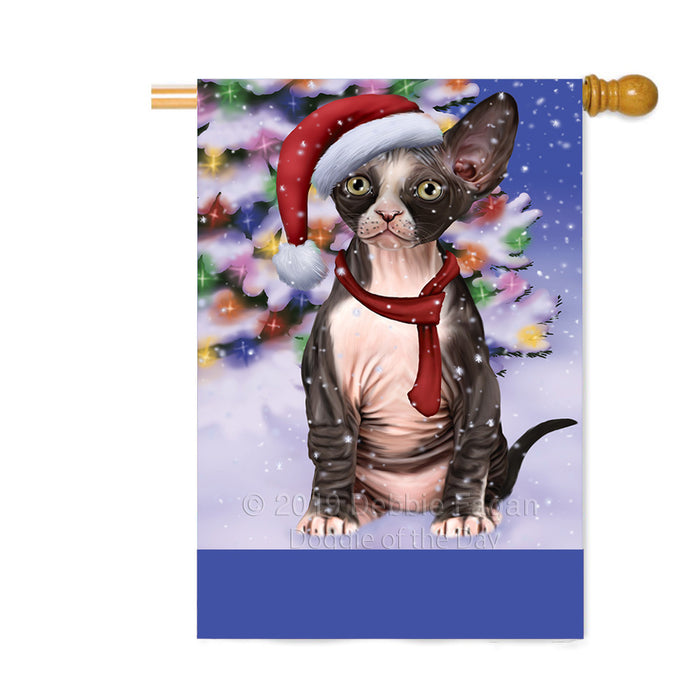 Personalized Winterland Wonderland Sphynx Cat In Christmas Holiday Scenic Background Custom House Flag FLG-DOTD-A61465