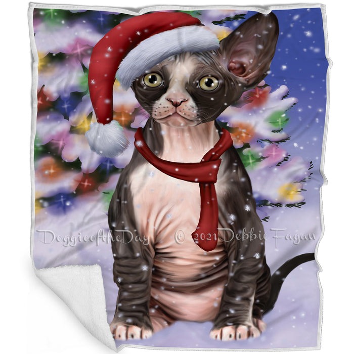 Winterland Wonderland Sphynx Cat In Christmas Holiday Scenic Background Blanket BLNKT101361