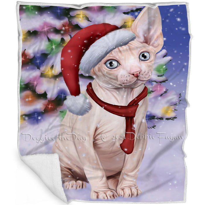 Winterland Wonderland Sphynx Cat In Christmas Holiday Scenic Background Blanket BLNKT101370