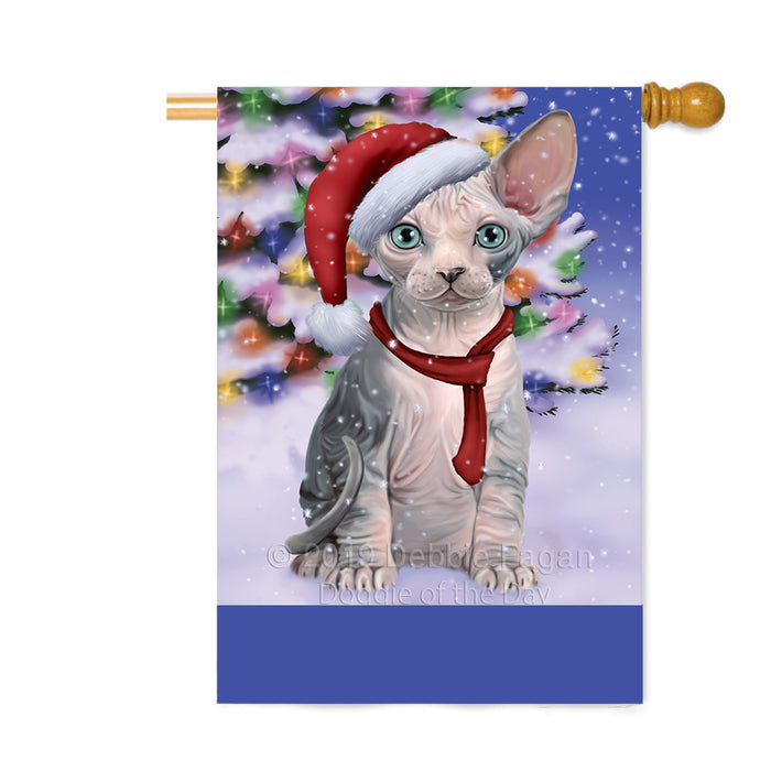 Personalized Winterland Wonderland Sphynx Cat In Christmas Holiday Scenic Background Custom House Flag FLG-DOTD-A61467