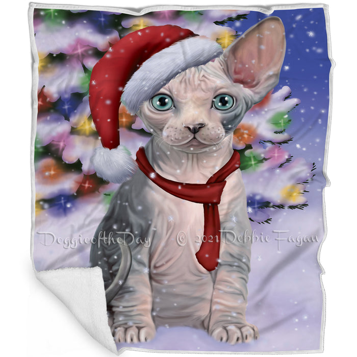 Winterland Wonderland Sphynx Cat In Christmas Holiday Scenic Background Blanket BLNKT101379