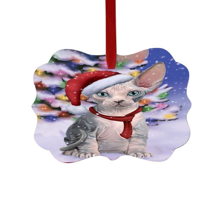 Winterland Wonderland Sphynx Cat In Christmas Holiday Scenic Background Double-Sided Photo Benelux Christmas Ornament LOR49647