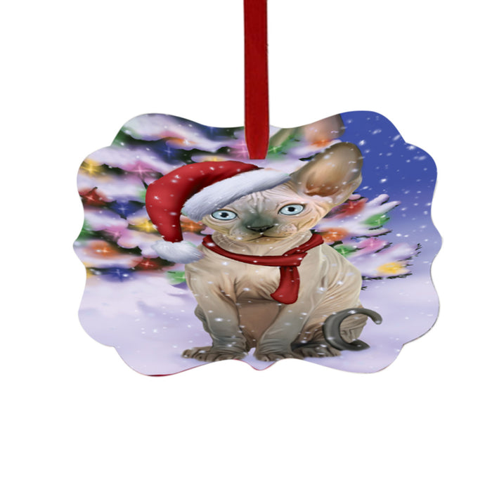 Winterland Wonderland Sphynx Cat In Christmas Holiday Scenic Background Double-Sided Photo Benelux Christmas Ornament LOR49648