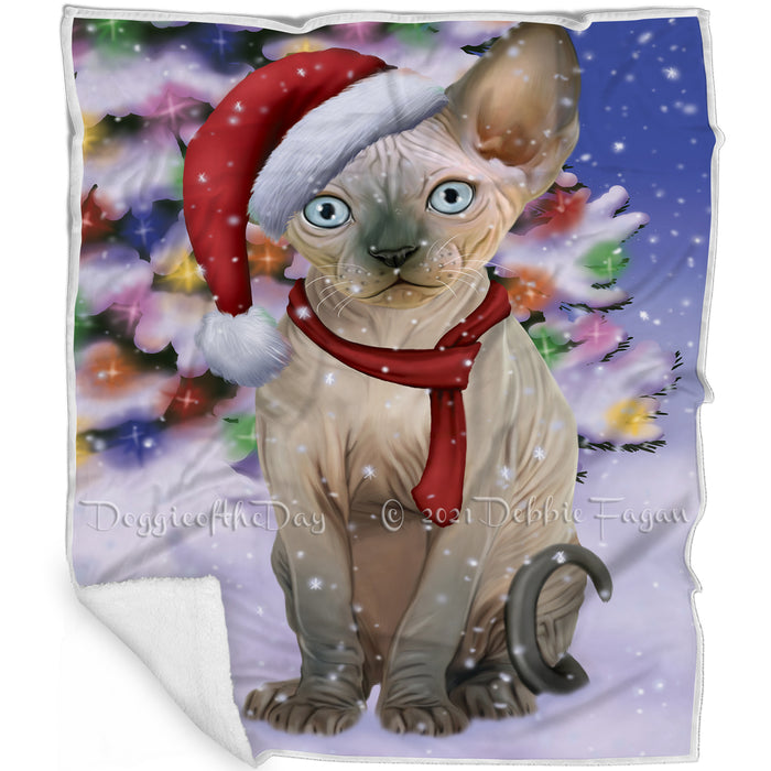 Winterland Wonderland Sphynx Cat In Christmas Holiday Scenic Background Blanket BLNKT101388