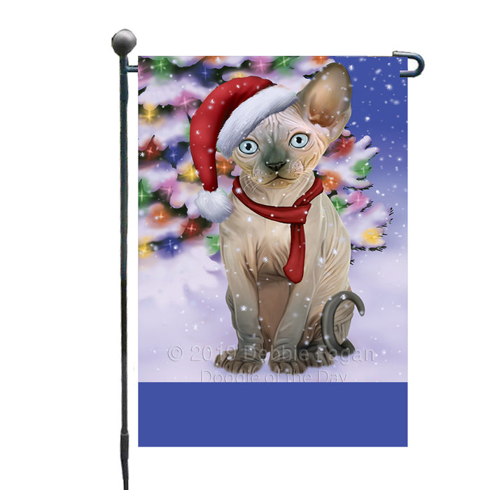 Personalized Winterland Wonderland Sphynx Cat In Christmas Holiday Scenic Background Custom Garden Flags GFLG-DOTD-A61412