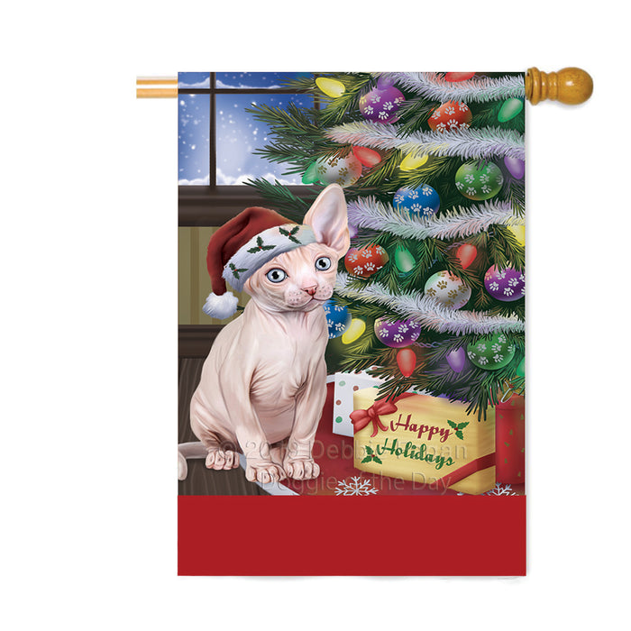 Personalized Christmas Happy Holidays Sphynx Cat with Tree and Presents Custom House Flag FLG-DOTD-A58725