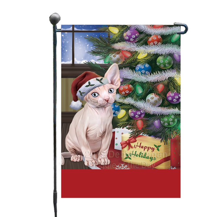 Personalized Christmas Happy Holidays Sphynx Cat with Tree and Presents Custom Garden Flags GFLG-DOTD-A58669