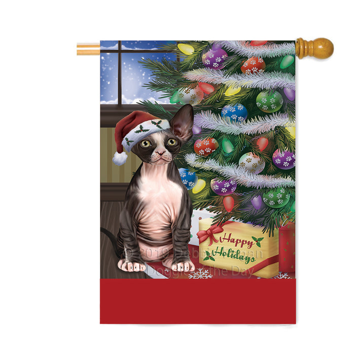 Personalized Christmas Happy Holidays Sphynx Cat with Tree and Presents Custom House Flag FLG-DOTD-A58726