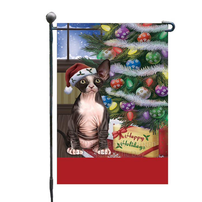 Personalized Christmas Happy Holidays Sphynx Cat with Tree and Presents Custom Garden Flags GFLG-DOTD-A58670